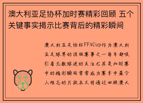 澳大利亚足协杯加时赛精彩回顾 五个关键事实揭示比赛背后的精彩瞬间