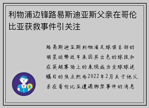 利物浦边锋路易斯迪亚斯父亲在哥伦比亚获救事件引关注